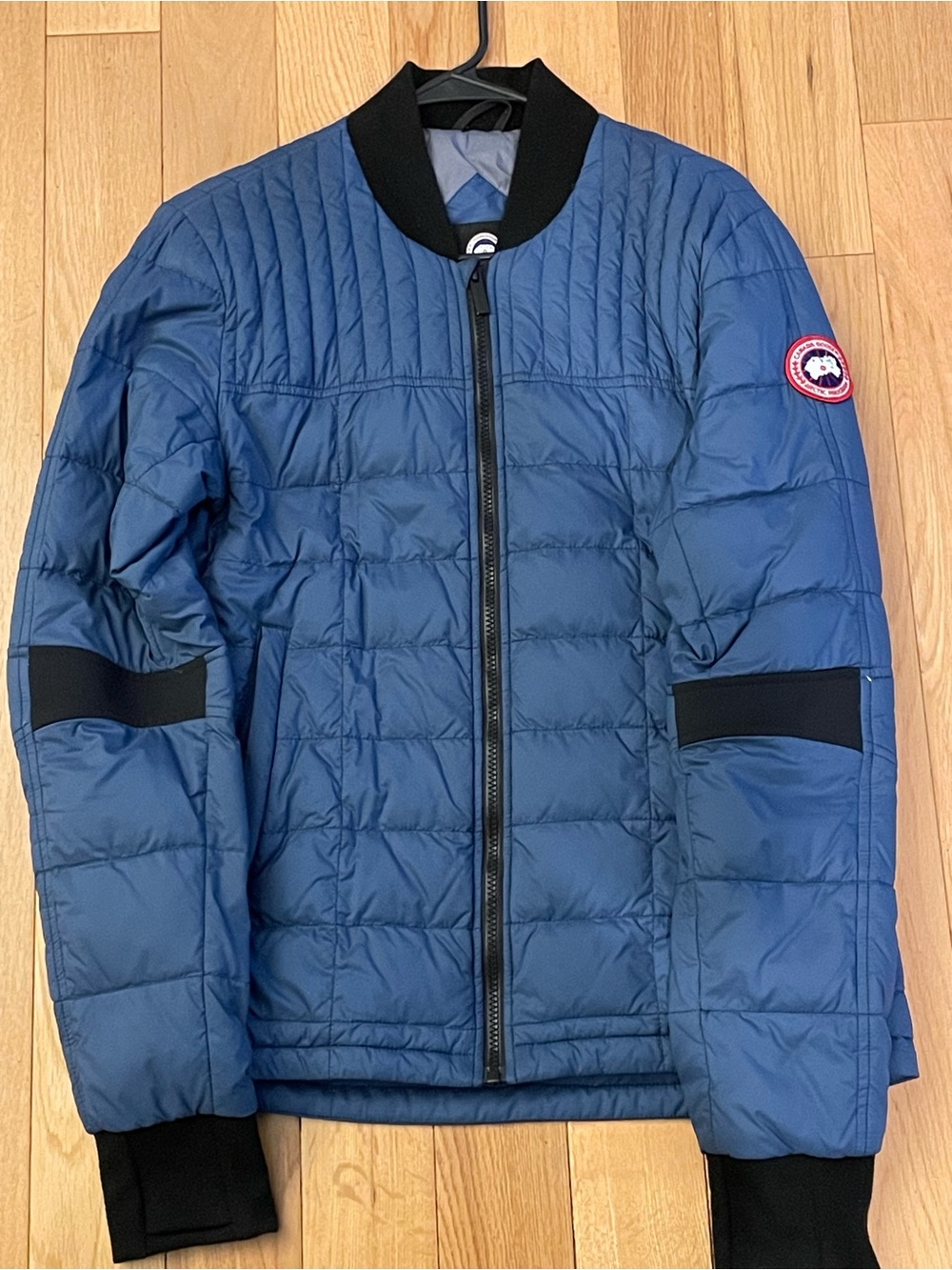 Canada Goose Blue Quilted Bomber Jacket with Black Trim